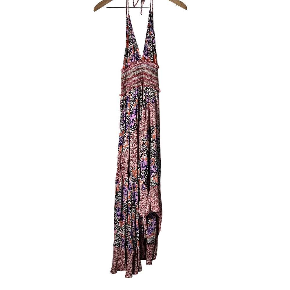 Free People Maxi Dress Women Medium Multicolor Floral Leopard Halter Festival